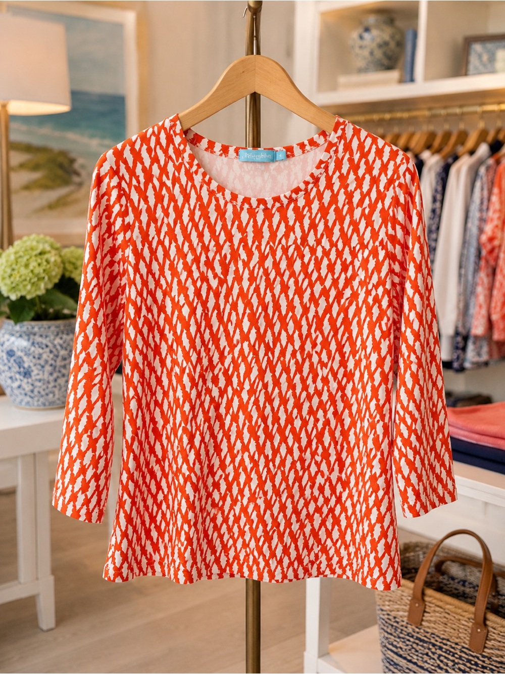 J. McLaughlin Catalina Cloth Orange White Print 3/4 Sleeve Top M